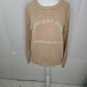 American Eagle Funday Smiley Graphic Sweatshirt Women Sz S Tan Crewneck Pullover